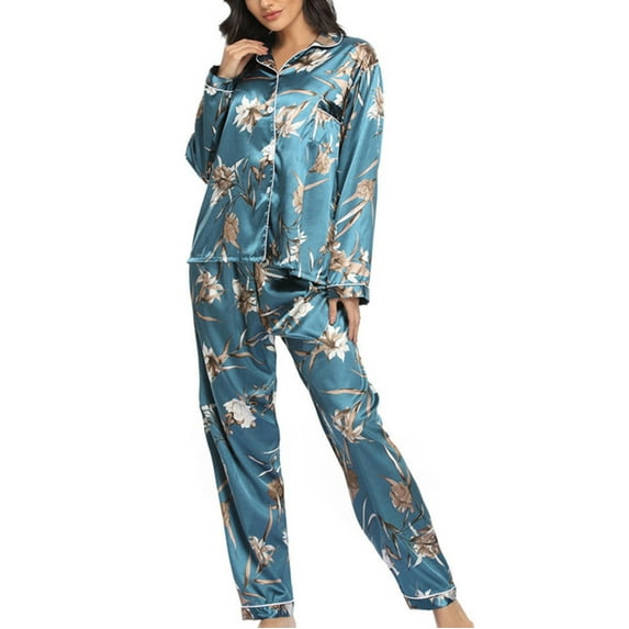 Lopecy-Sta Women's Home Clothes Long Sleeved Fashion Solid Color Silk Like Shirt Trousers Thin Pajama Suit Pajama Sets for Women Soft Pajamas for Women Deals Clearance Blue - M