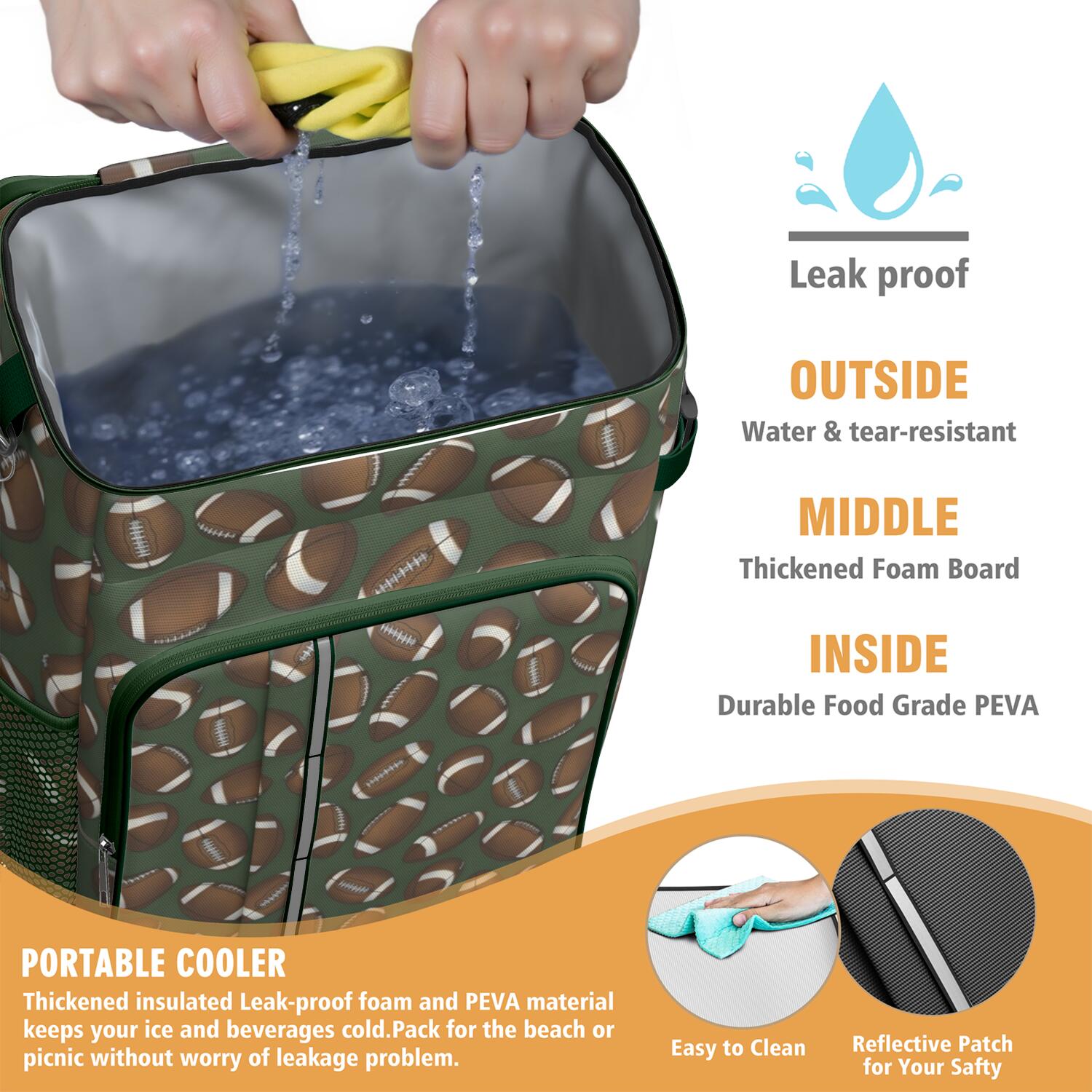 Travel Cooler Bag - Football Pattern Camping Beer Cooler Backpack with Bottle Opener- Waterproof Insulated Picnic Backpacks - Cooler Bag for Beach