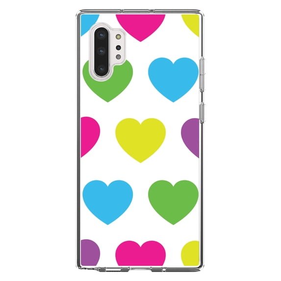 DistinctInk Clear Shockproof Hybrid Case for Galaxy Note 10 PLUS (6.8" Screen) - TPU Bumper, Acrylic Back, Tempered Glass Screen Protector - White Multi Color Hearts