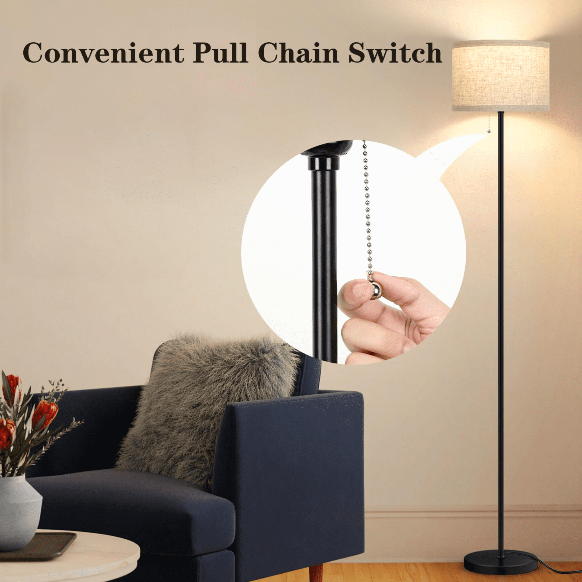 HadinEEon Floor Lamp for Living Room, Modern Standing Lamp Tall with Pull Chain Switch