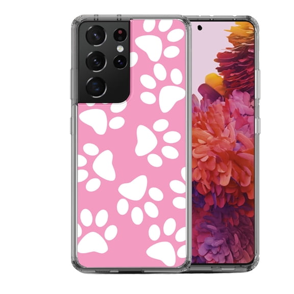 Shockproof Hybrid Bumper Phone Case for Samsung Galaxy S21 Ultra, by OneToughShield ® - Pet Paw/ Pink