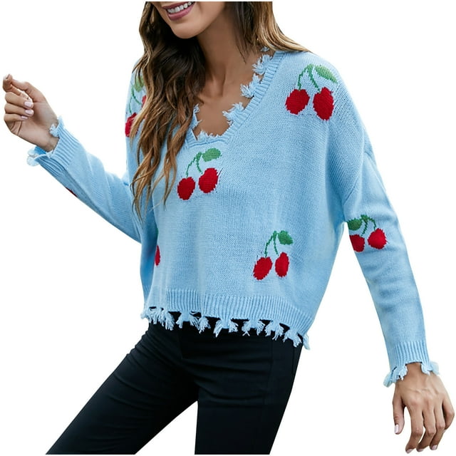 CEHVOM Pull Court Ample à Col en V Imprimé Fruits pour Femmes avec Franges 2023 Liquidation