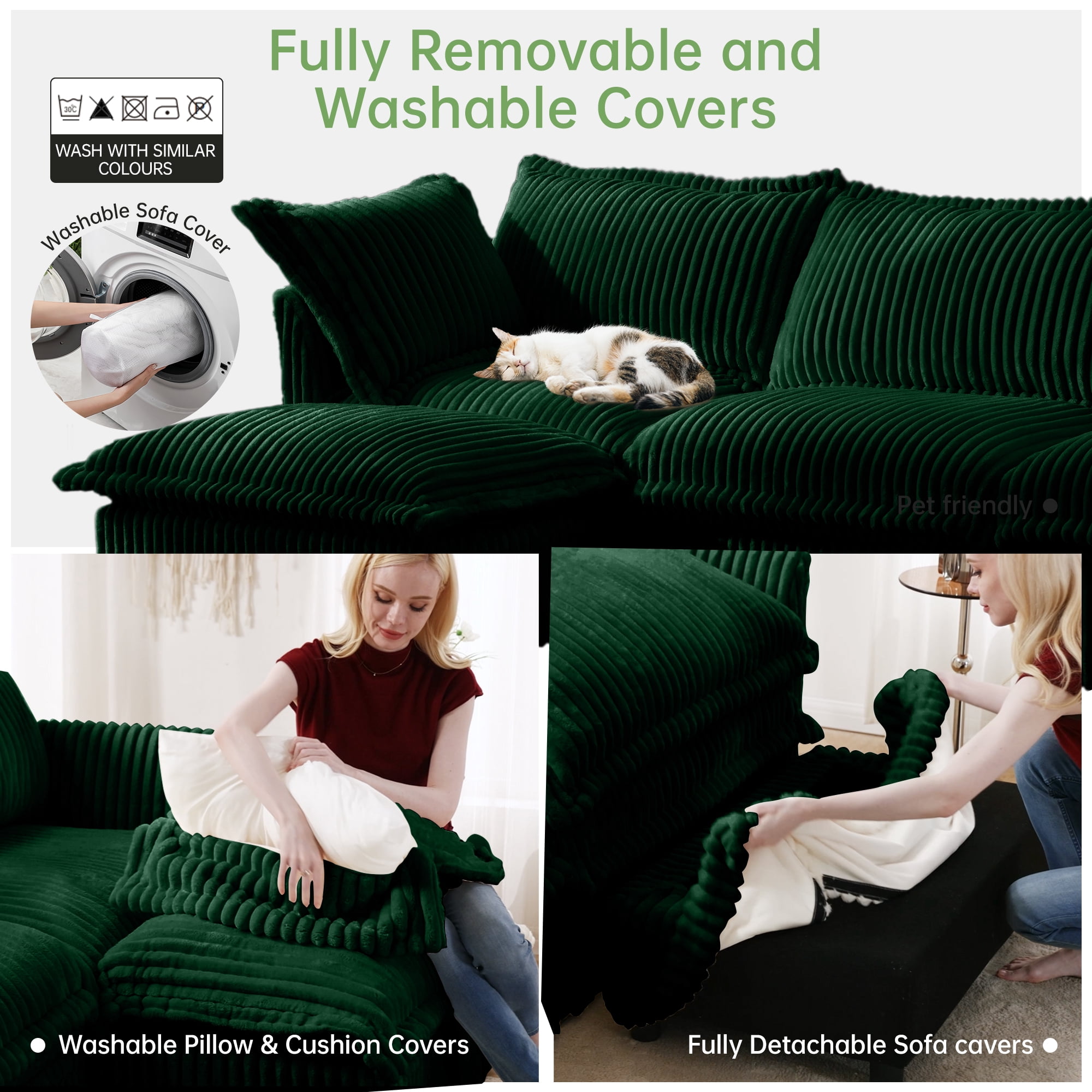 Gewnee Modern Deep Seat 3 Seater Sofa Couch,Green Corduroy Fabric Soft Multiple Big Pillows, Comfy Couch for Living Room, Apartment,