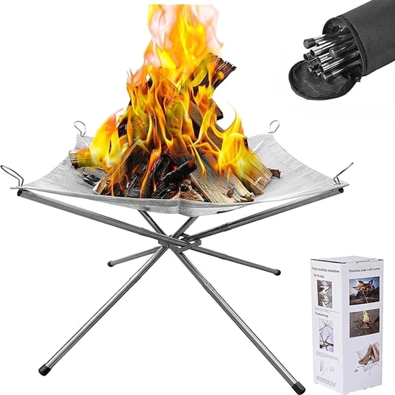 22 Inch Portable Outdoor Fire Pit, Foldable Stainless Steel Fire Pit with Carrying Bag, Lightweight Wood Burning Fire Pit for Camping, Backyard, BBQ, Patio, Garden and Outdoor Heating