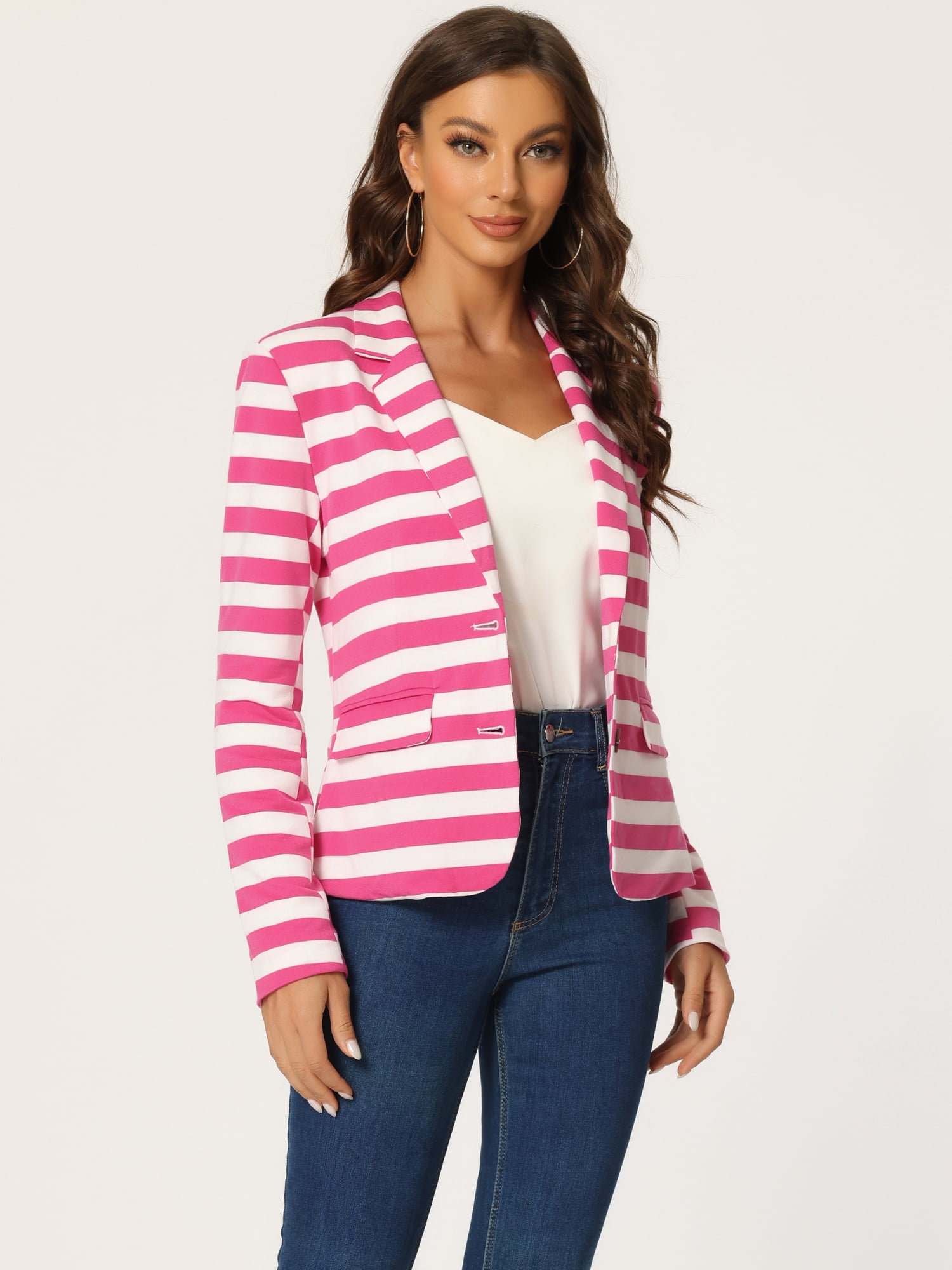 DARING DIVA Women's Striped Notched Lapel Button Closure Blazer S Hot Pink White