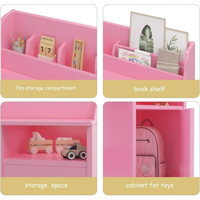 EastVita Desk and Chair Set for 3-12 Year Old,Wooden School Learning Table with Storage,Hutch and Bulletin Board,Computer Study Table with Chair,Small Desk for Home,School,Pink