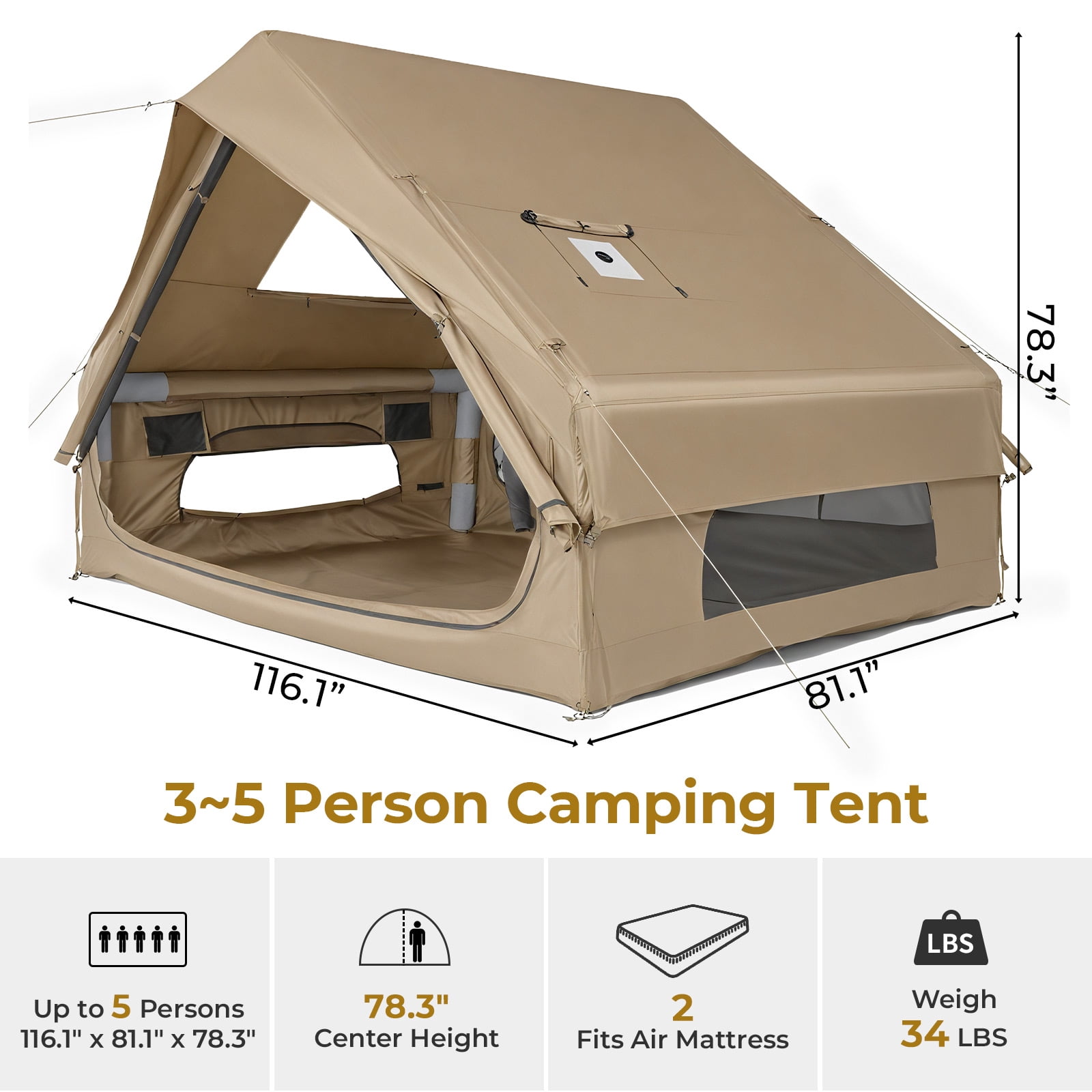Ktaxon Inflatable Tent with Hand Pump for Camping, Easy Setup Air Glamping Tents, All-Weather Waterproof Blow up Camping Tent for Family, Khaki