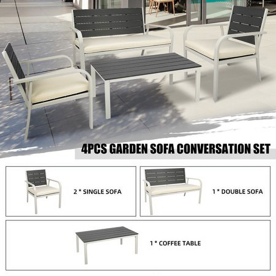Patio Conversation Set, 4 Pieces Garden Wood Grain Design PE Steel Frame Sofa Loveseat, All Weather Outdoor Furniture Set with Cushions Coffee Table for Backyard Balcony Lawn - image 4 of 11