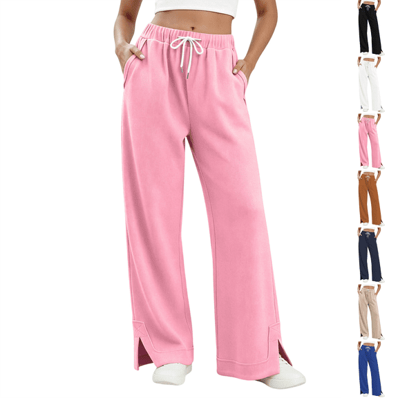 Womens Trousers Nelozsy Womens Leg Pants High Waist Drawstring Casual Trousers With Split Hem Pockets Pink L