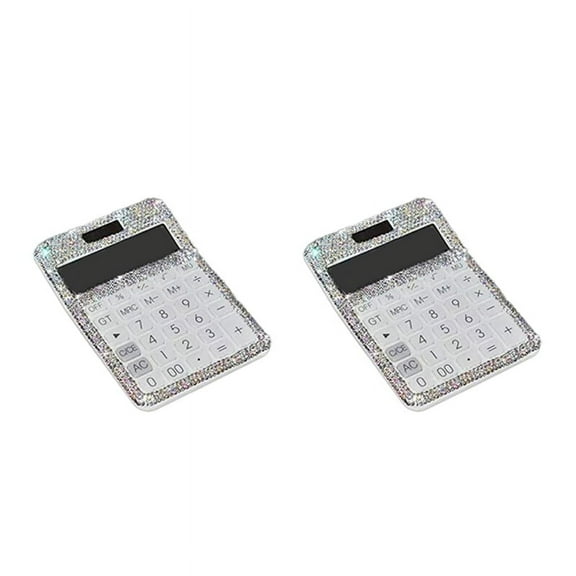 2X Rhinestone Crystal Dazzling 12 Digit Solar and Battery Dual Power ,LCD Display Calculator for Office, School White
