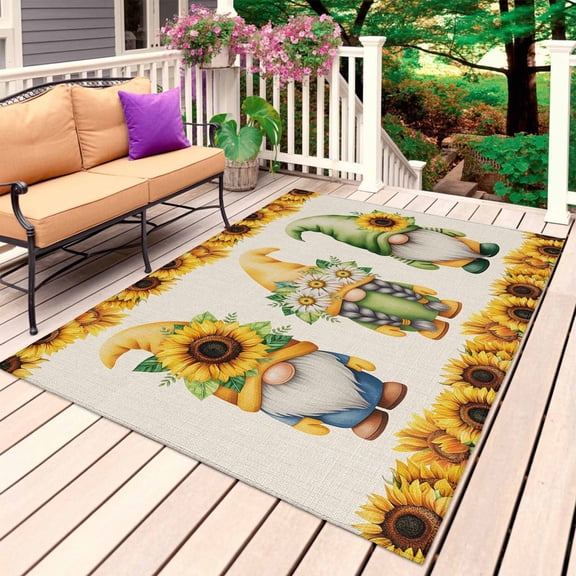 Sunflowers Gnomes Outdoor Rug 3x5 Ft, Non Slip Washable Area Rug, Rustic Summer Botanical Budding Flowers Patio Rugs Carpet Runner, Large Floor Mat for Indoor/Outdoor Deck Porch Camping