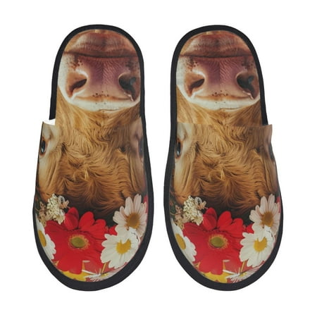 Balery White And Red Daisy Cow Slient Indoor Furry Fleece Comfort House Shoes Soft Non-Slip Home Shoes Cotton slippers House Slippers-- Medium