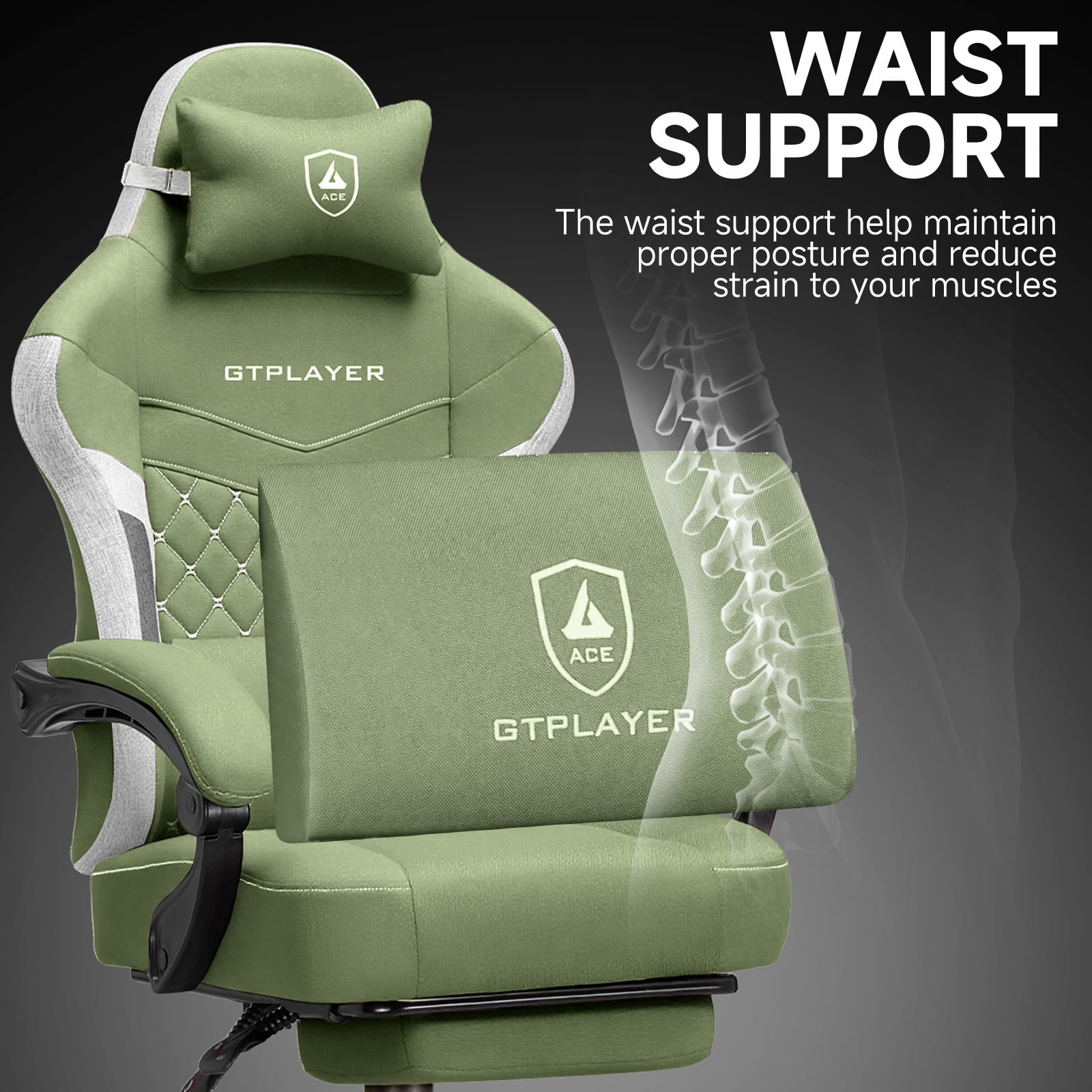 GTPLAYER Gaming Chair, Fabric Ergonomic Office Chair with Footrest and Lumbar Suppor for Adult, Green