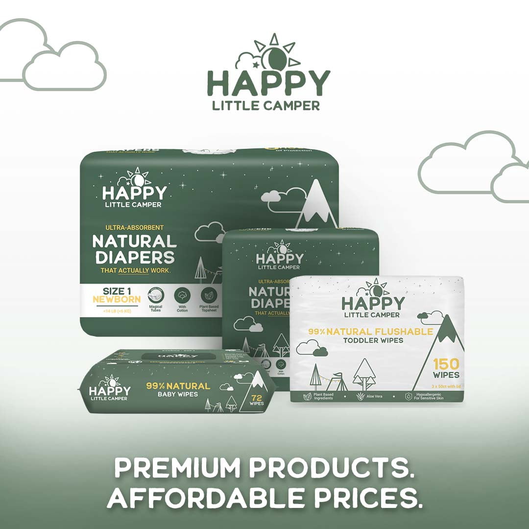 Happy Little Camper Ultra-Absorbent Natural Baby Diapers Size 3 - Hypoallergenic & Chlorine-Free Disposable Diapers Safe for Sensitive Skin - Unscented Crawler Diapers - 31 Count
