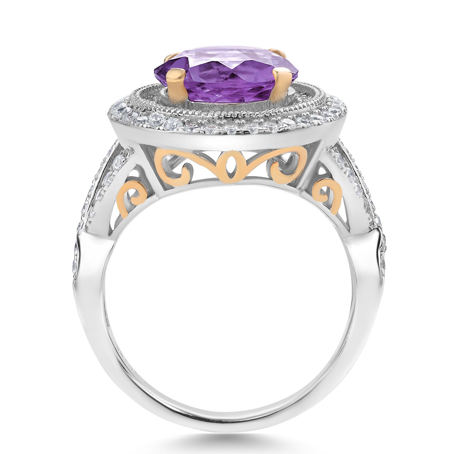 Gem Stone King 18K Two-Tone Sterling Silver Round Purple Amethyst Ring for Women | 3.00 Cttw | Gemstone Birthstone | Wedding Engagement Anniversary Promise Ring for Women | Siez 5