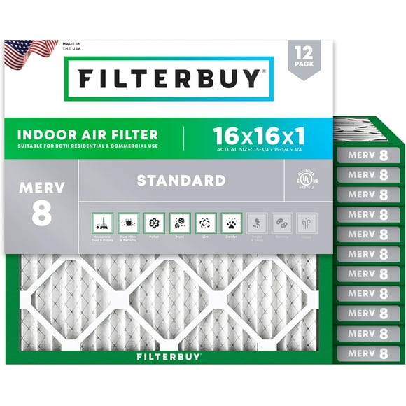 Filterbuy 16x16x1 MERV 8 (MPR 600) Dust Defense, Pleated HVAC AC Furnace Air Filters (12-Pack)