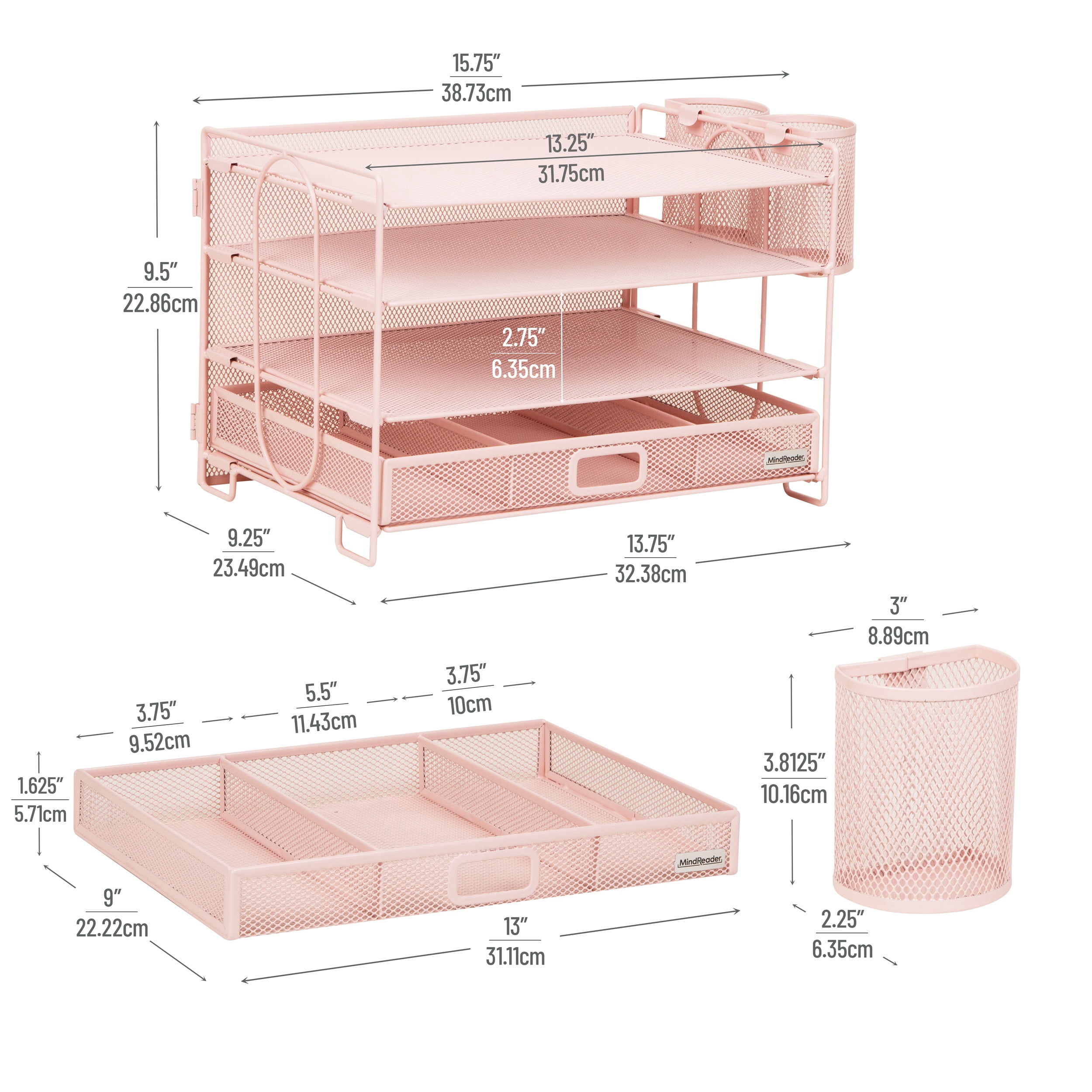 Mind Reader Mesh Desk Organizer, 3 Trays, 1 Drawer, 2 Pen Holders Metal , Pink
