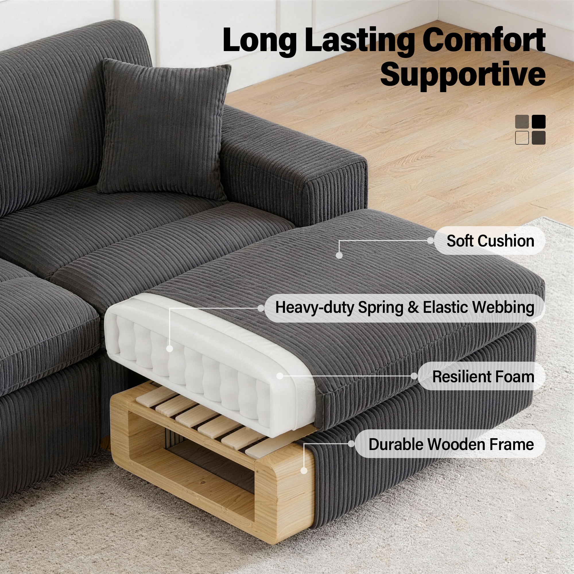 AENKYO U-Shaped Modular Sectional Sofa, Deep Seat Convertible Couch with Chaise for Living Room,Dark Gray