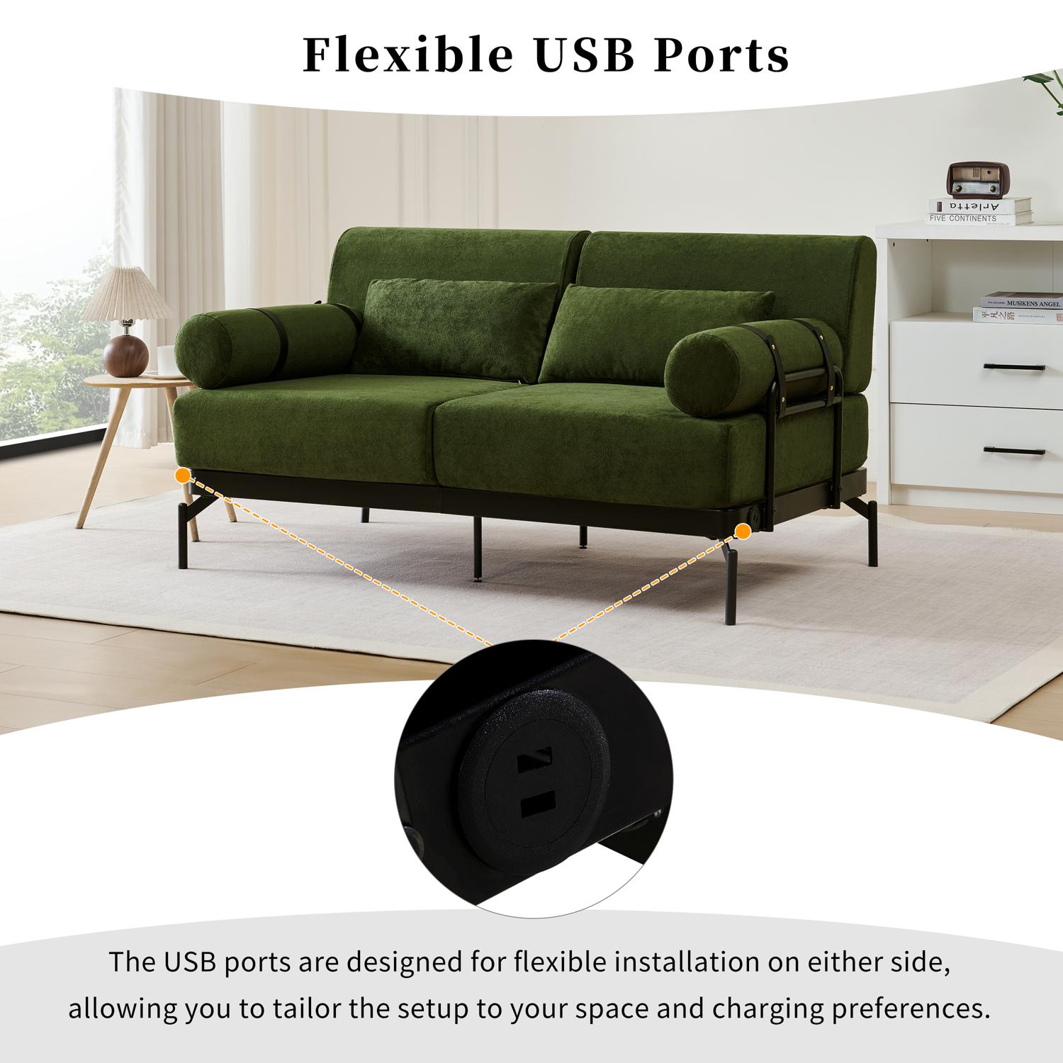 59" Loveseat Sofa with USB Ports,Modern Sofa Couch 2-Seater Sofa with 2 Pillows,Cylindrical Armrests for Living Room Bedroom Apartment,Green