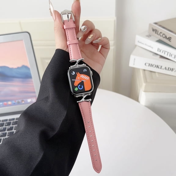 Thin X-Shape Lichee Texture Genuine Leather Band Compatible with Apple Watch Band 38/40/41/42mm(S10) Women Girls, Repalcement Wristband for iWatch Series 10 9 8 7 6 5 4 3 2 1 SE Ultra, Pink
