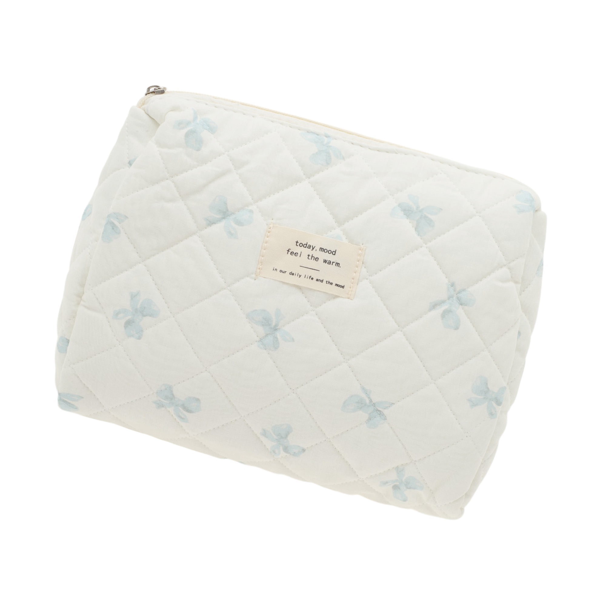 Unique Bargains 1 Piece Bow Quilting Makeup Bag with Smooth Zipper White, Blue