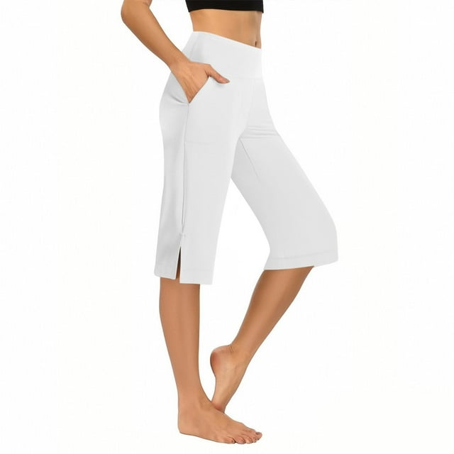 Womens Bermuda Long Shorts Summer Stretch Knee Length Capris Side Silt High Waisted Athletic Shorts with Pockets