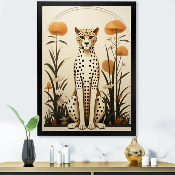 Designart "Mid-Century Meadow with Cheetah in Beige and Green" Animals Framed Wall Art - Traditional Beige Cheetah Hallway Framed Wall Art Decor
