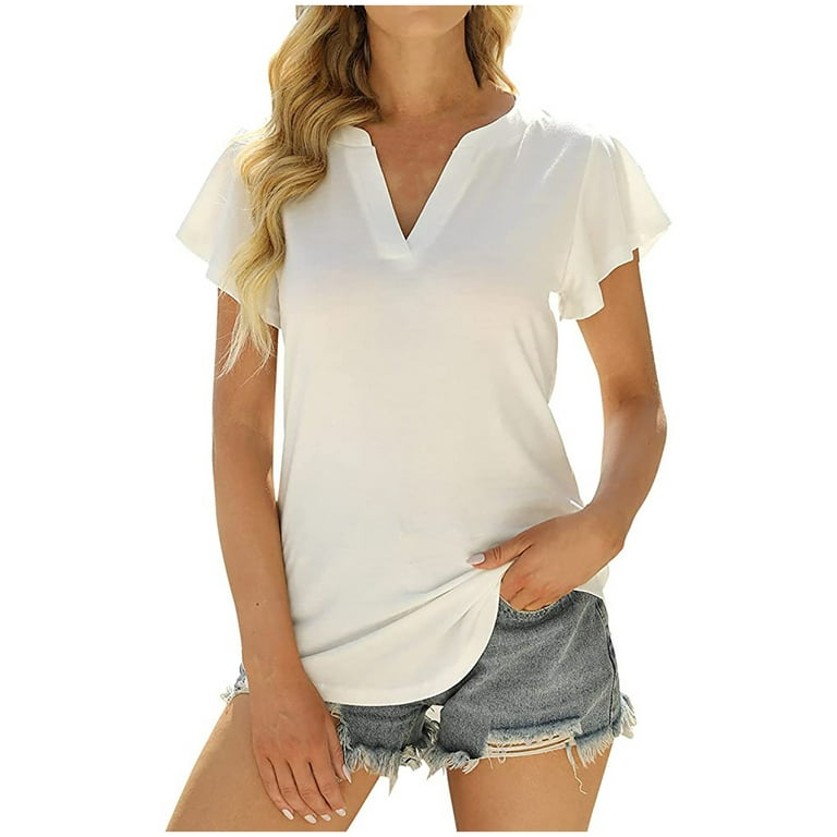 Zpanxa Women Summer Tops Fashion Woman Causal V-Neck Solid Blouse Short  Sleeve T-Shirt Summer Tops White M