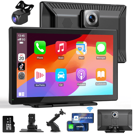 HOMPOW 9in Apple CarPlay & Android Auto – Portable Car Stereo with 4K Dash Cam, 1080P Backup Camera, GPS Navigation, Bluetooth, Free 64GB TF Card for All Cars