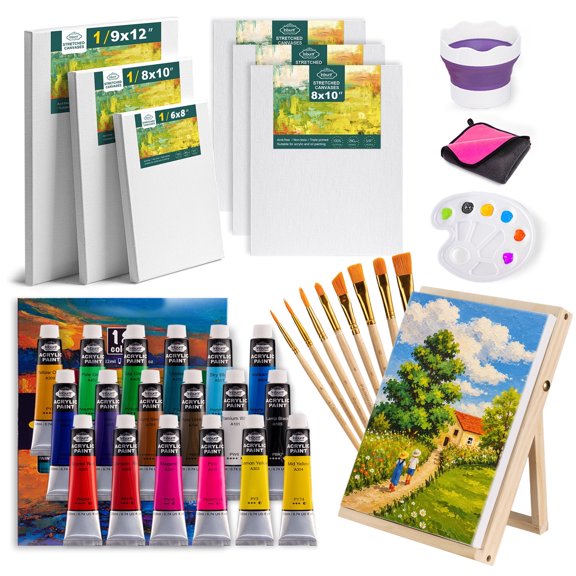 Inburit All-in-One Acrylic Paint Set, 18 Colors 22ml, with Brushes, Canvases, Easel & Supplies for Beginners, Adults, Artists
