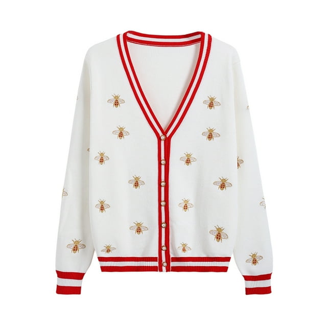 Cárdigan bordado de abeja de diseñador de moda de alta calidad, suéteres de punto con botones de Color de contraste de manga larga y un solo pecho, C-068
