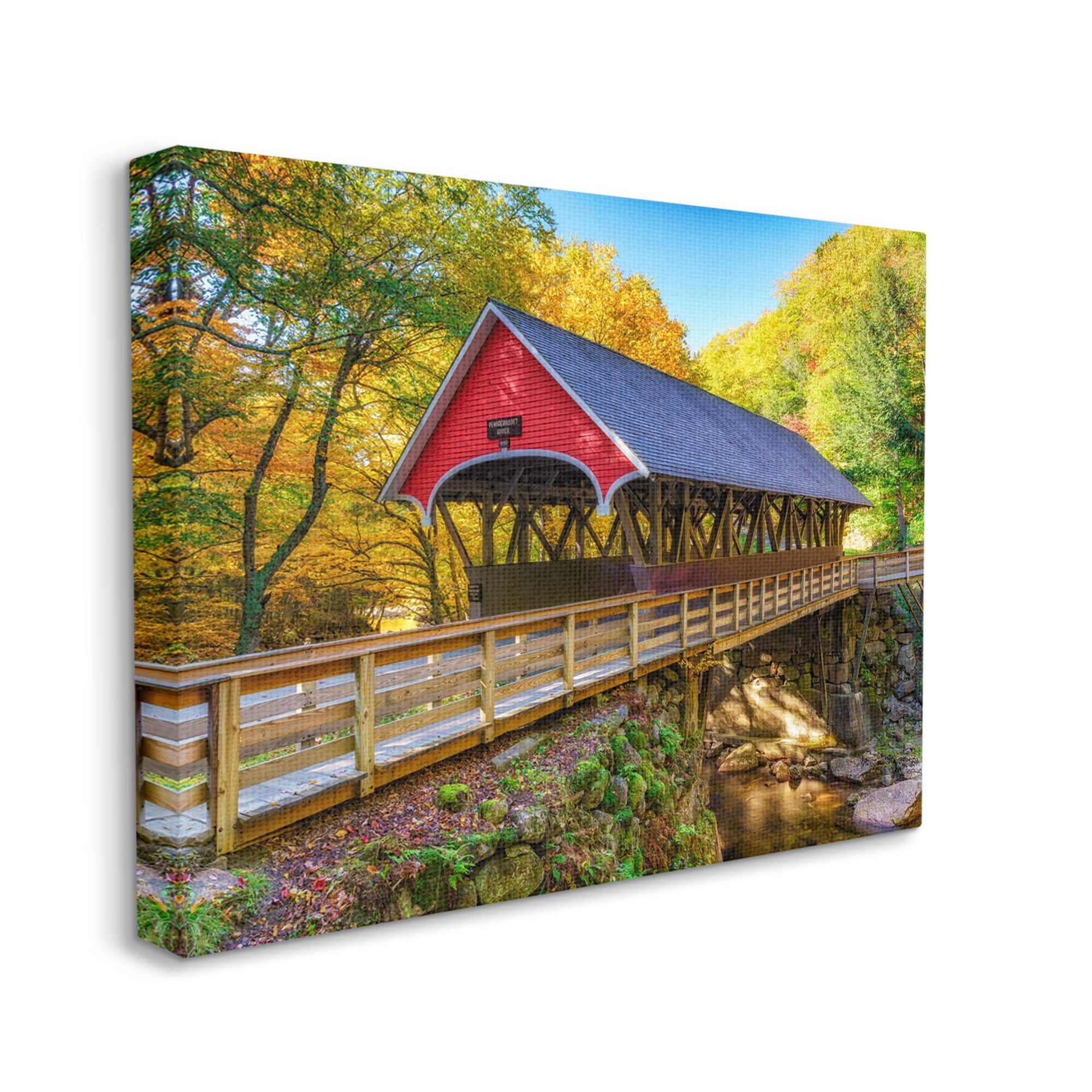 Stupell Red Covered Bridge Woodland Creek Landscape Photography Gallery Wrapped Canvas Print Wall Art