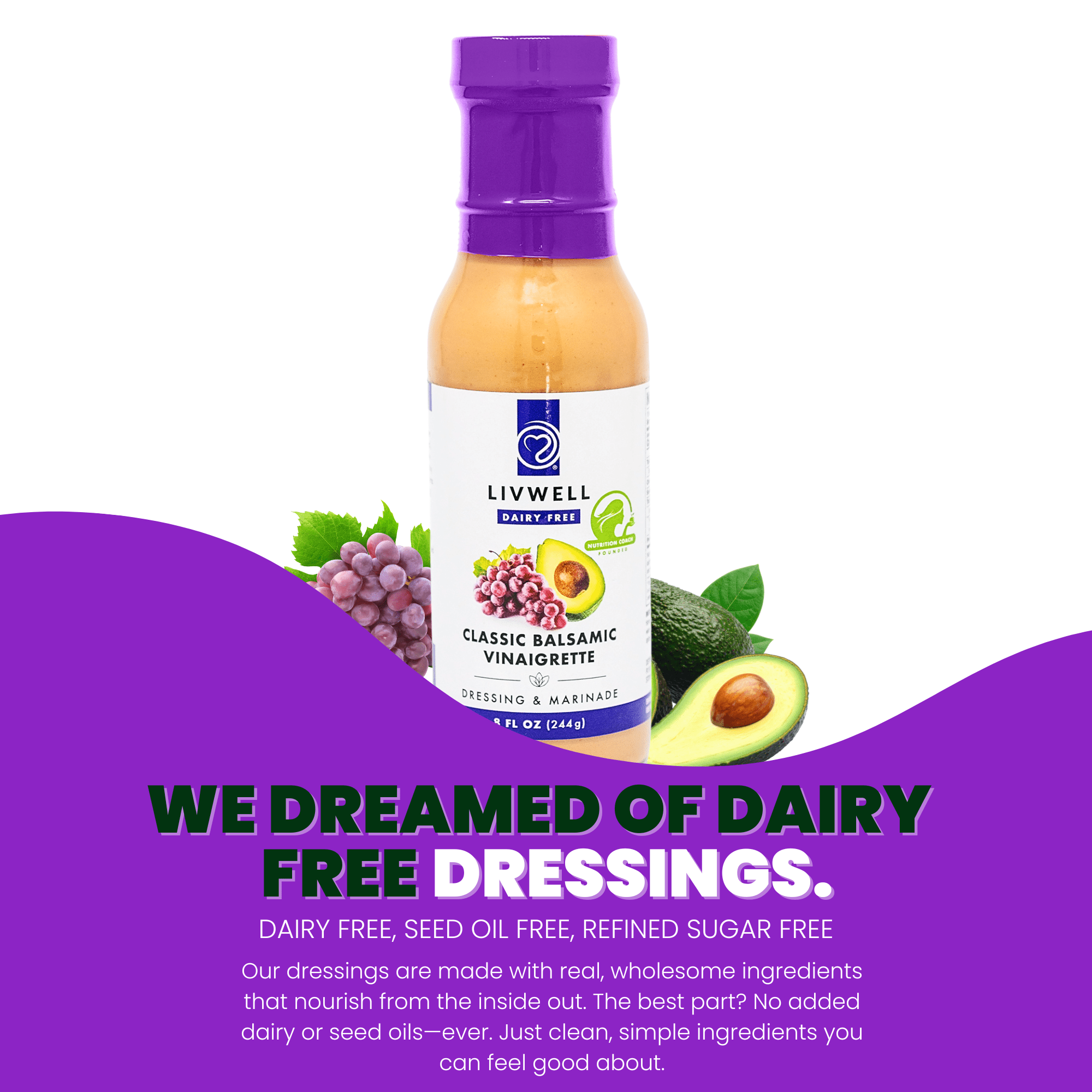 LIVWELL Dairy-Free Balsamic Vinaigrette Dressing & Marinade, Made with Avocado Oil, Gluten-Free, 8 oz