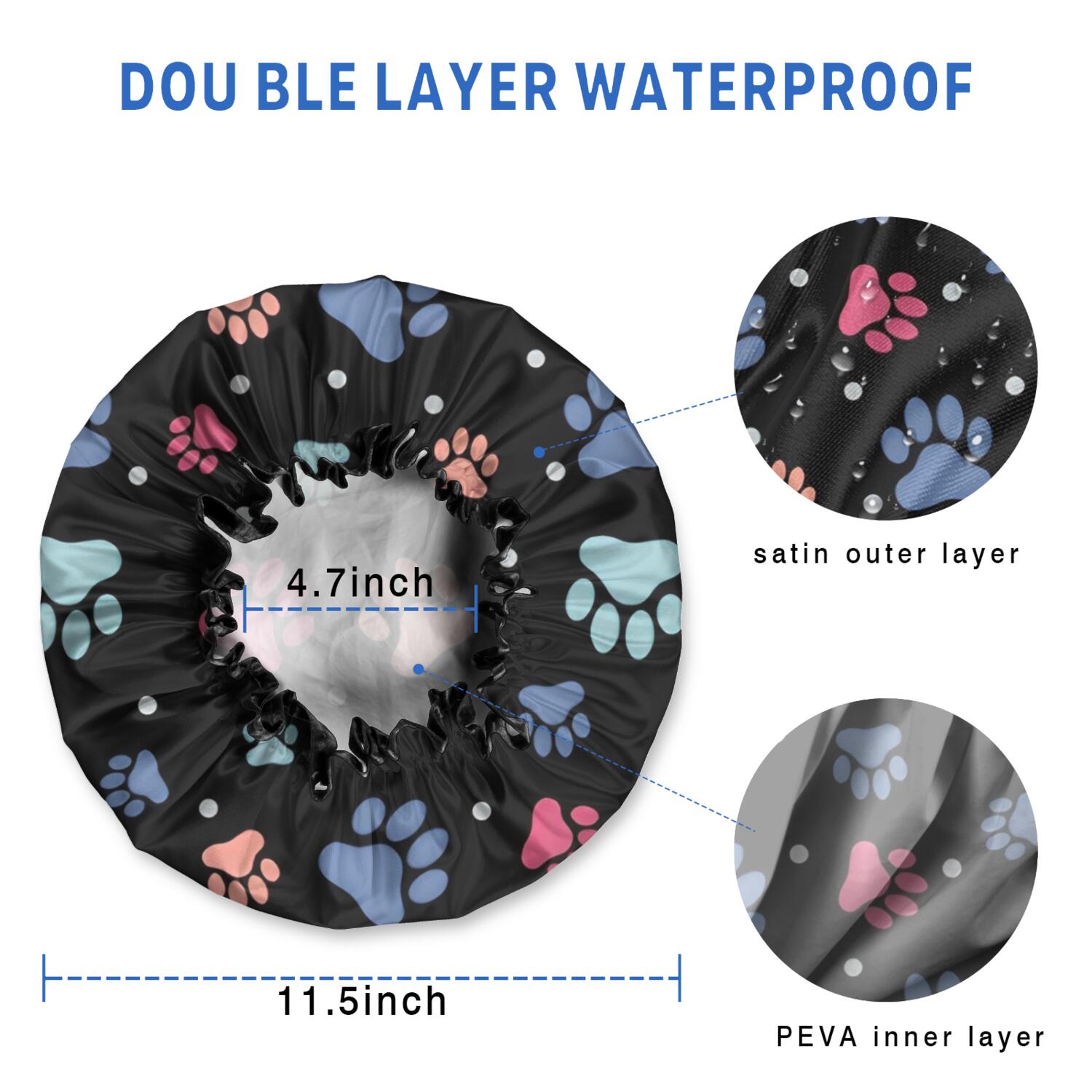 Shower Caps,Black Dog Paw Footprint Waterproof Shower Cap for Women 4 Pieces,Double Reusable Hair Cover for Shower PEVA Elastic Stretch Hem