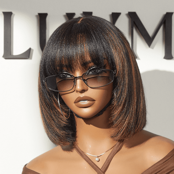 LUVME Put On and Go Reddish Purple / Brown Highlight / Natural Black Layered Cut Yaki Straight Minimalist Lace Bob Wig with Bangs
