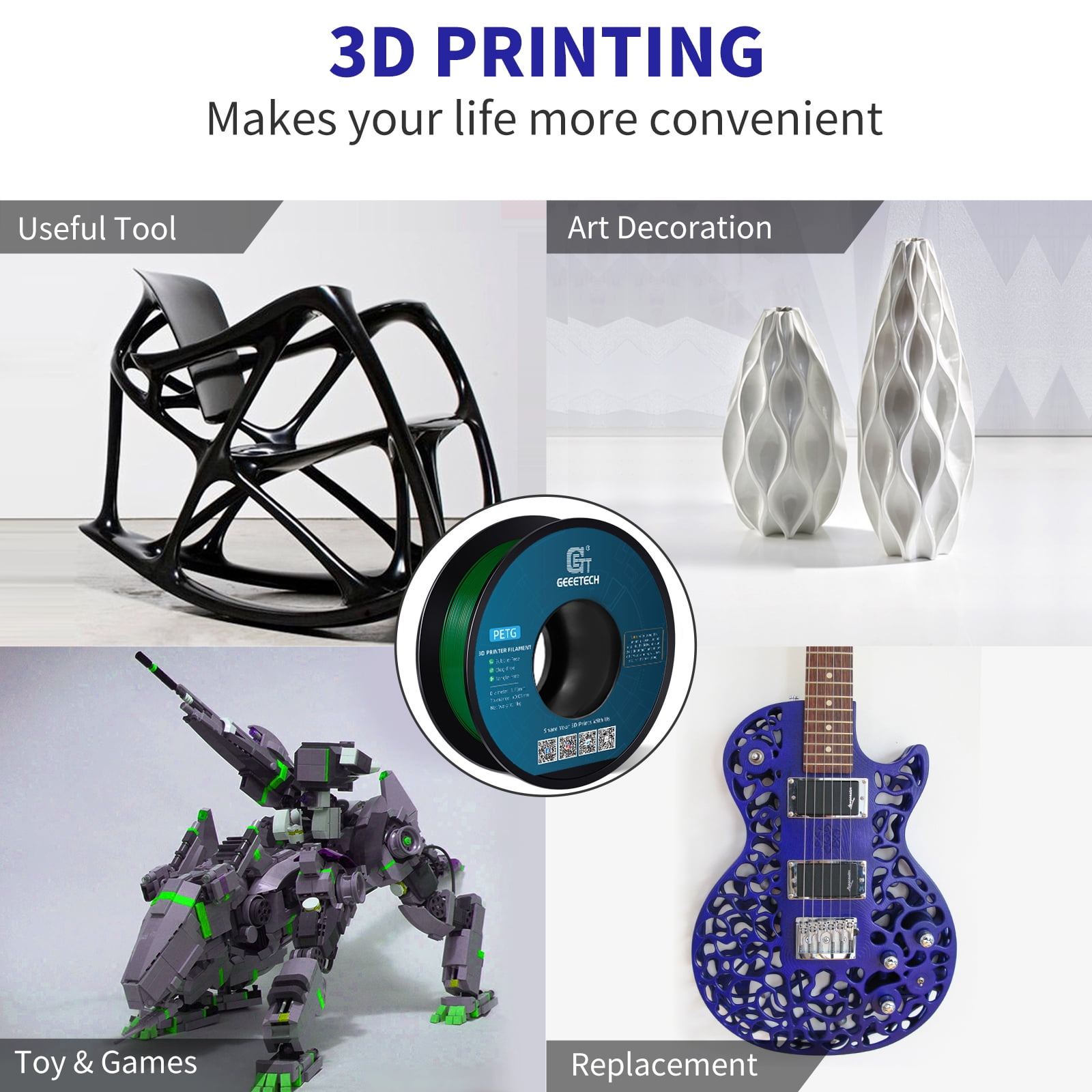 GEEETECH Green PETG Filament 1.75mm, Upgrade Stronger Toughness Printing Consumables, 10kg (22 lbs) Spool Fit Most FDM 3D Printer