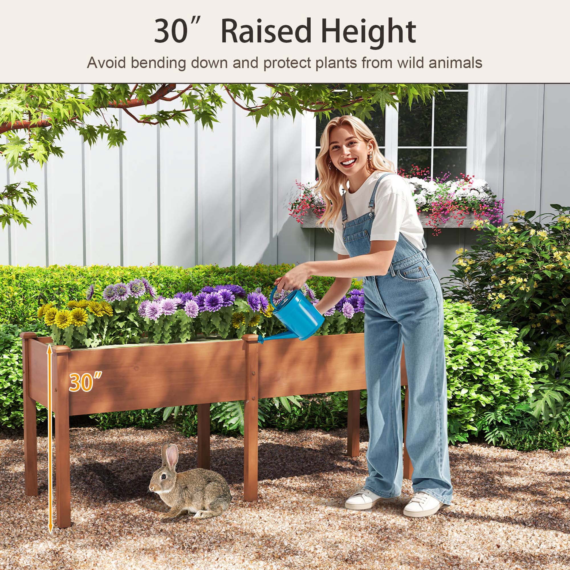 Costway Raised Garden Bed Elevated Fir Wood Planter Box with 2 Large Planting Areas Brown