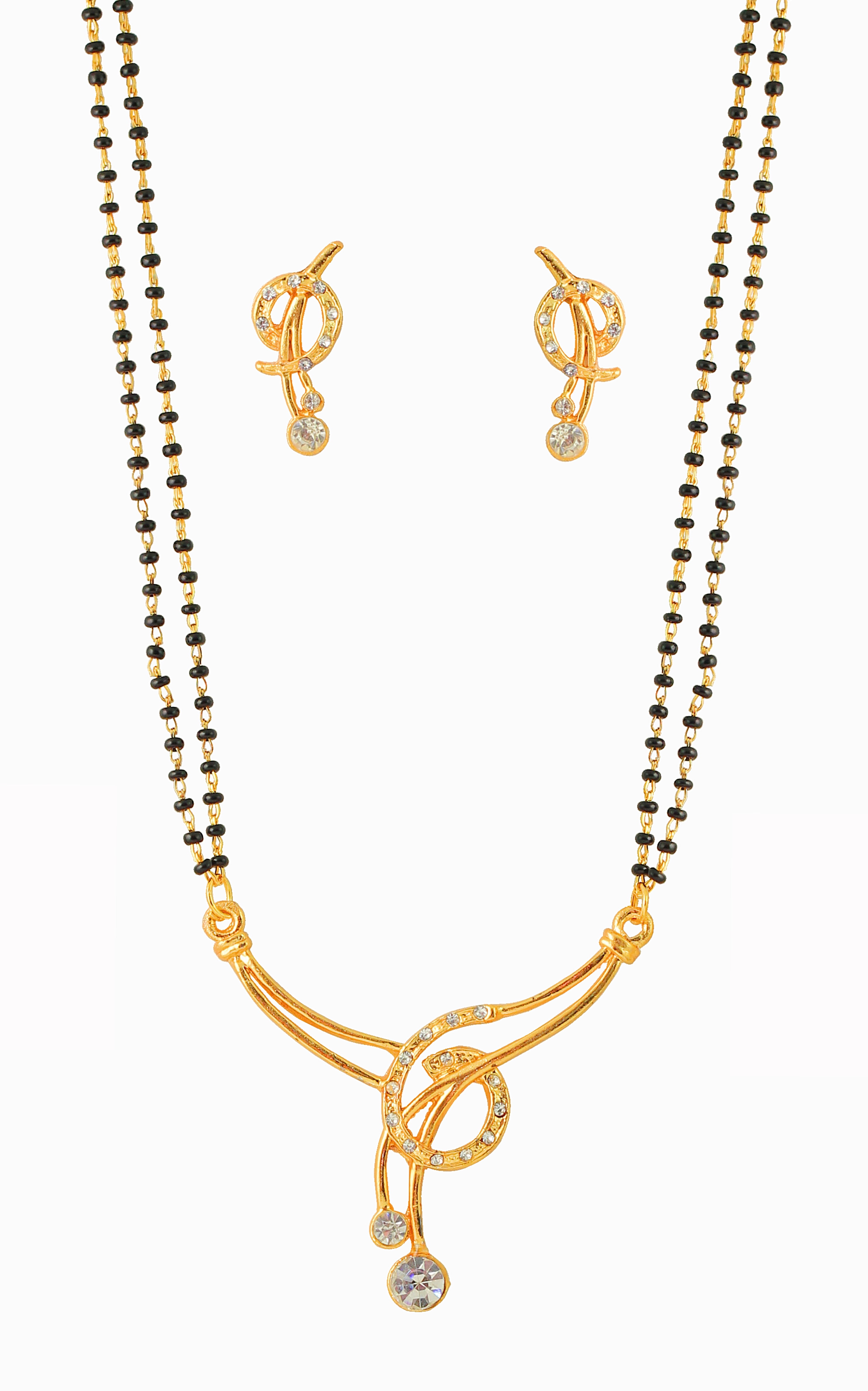 Touchstone Gold Tone Indian Bollywood White Rhinestones Black Beads Ethnic mangalsutra Necklace Set Jewelry for Women 