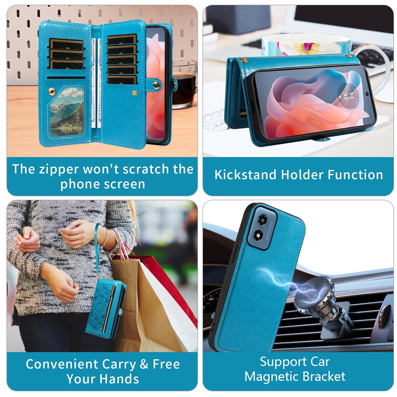 Asuwish Phone Case for Motorola Moto G Play 4G 2024 Zipper Wallet Detachable Cell Cover with Tempered Glass Screen Protector Crossbody Strap Flower Flip Card Holder XT2413V XT2413-1 64GB Women Blue