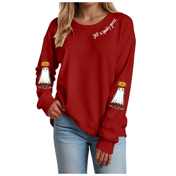 adviicd Women's Cute Ghost Halloween Sweatshirts - Pumpkin Graphic Casual Long Sleeve Crewneck Pullover Tops （Red， XXL）