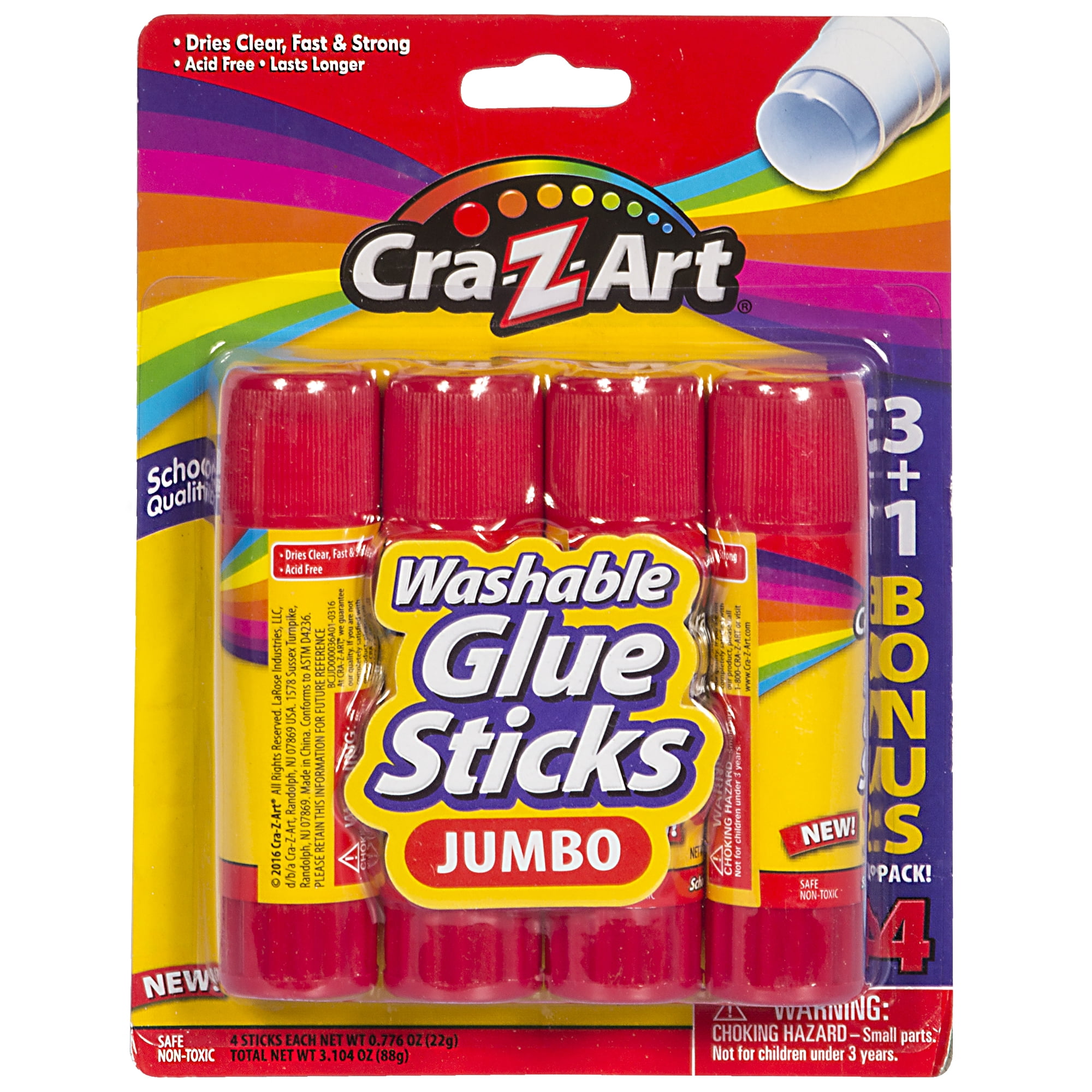 CraZArt Washable Jumbo School Glue Sticks, School Quality, 4 Count