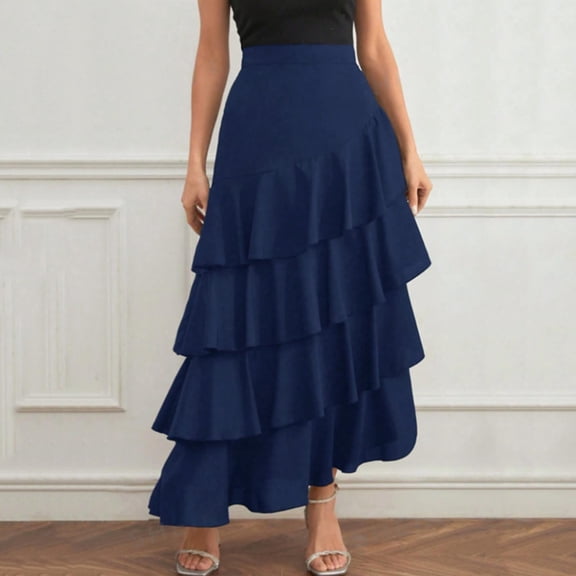 Vmvidoty Womens Lace Midi Skirts High Waist Y2K Asymmetrical Layered Flowy Fairy Skirts Floral Beach Long Skirt Navy L