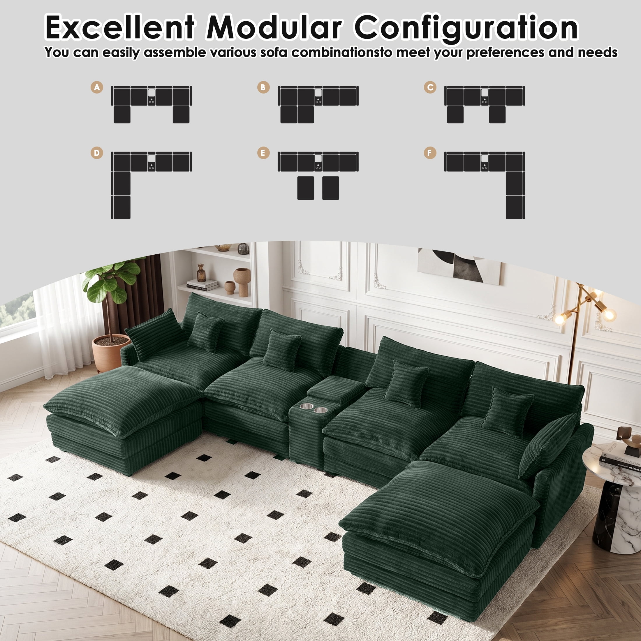 Wakefit 141" U Shaped Sectional Couch, Oversized Modular Sectional Sofa, 5 Seater Corduroy Cloud Couch with Hidden Storage, USB Ports & Cup Holders for Living Room, Green