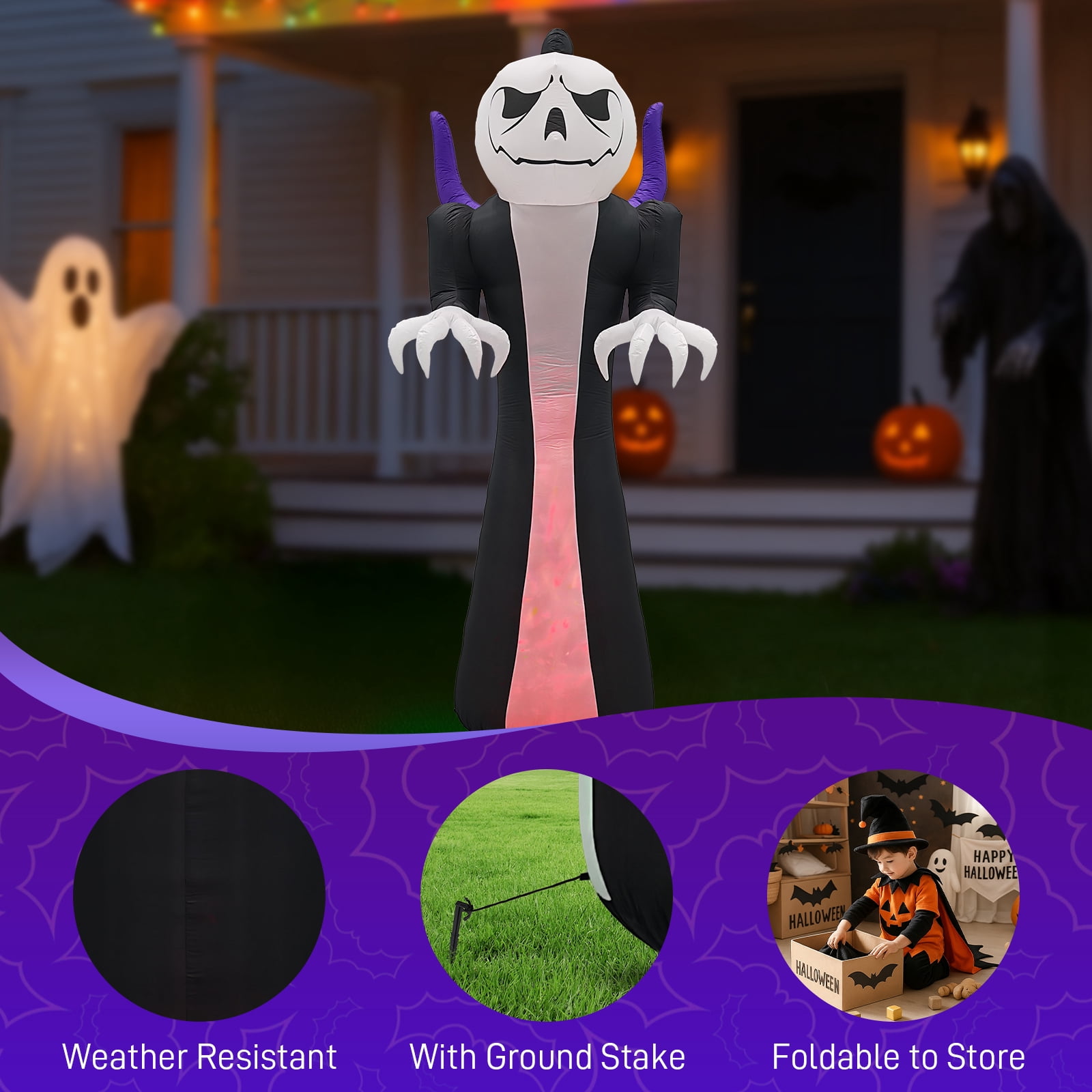 12FT Halloween Inflatable Grim Reaper with Jack-O-Lantern Pumpkin Head