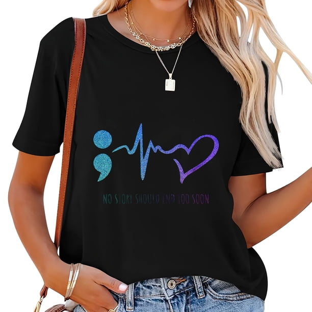 Playera de Mujer Negra para Concientización sobre la Prevención del Suicidio: Ninguna Historia Debe Terminar Antes de Tiempo