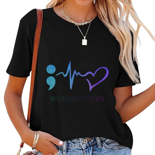Playera de Mujer Negra para Concientización sobre la Prevención del Suicidio: Ninguna Historia Debe Terminar Antes de Tiempo