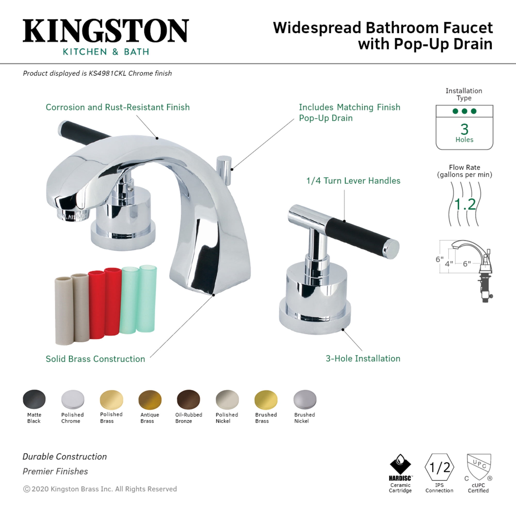 Kingston Brass KS4982CKL Kaiser Widespread Bathroom Faucet with Brass Pop-Up, Polished Brass