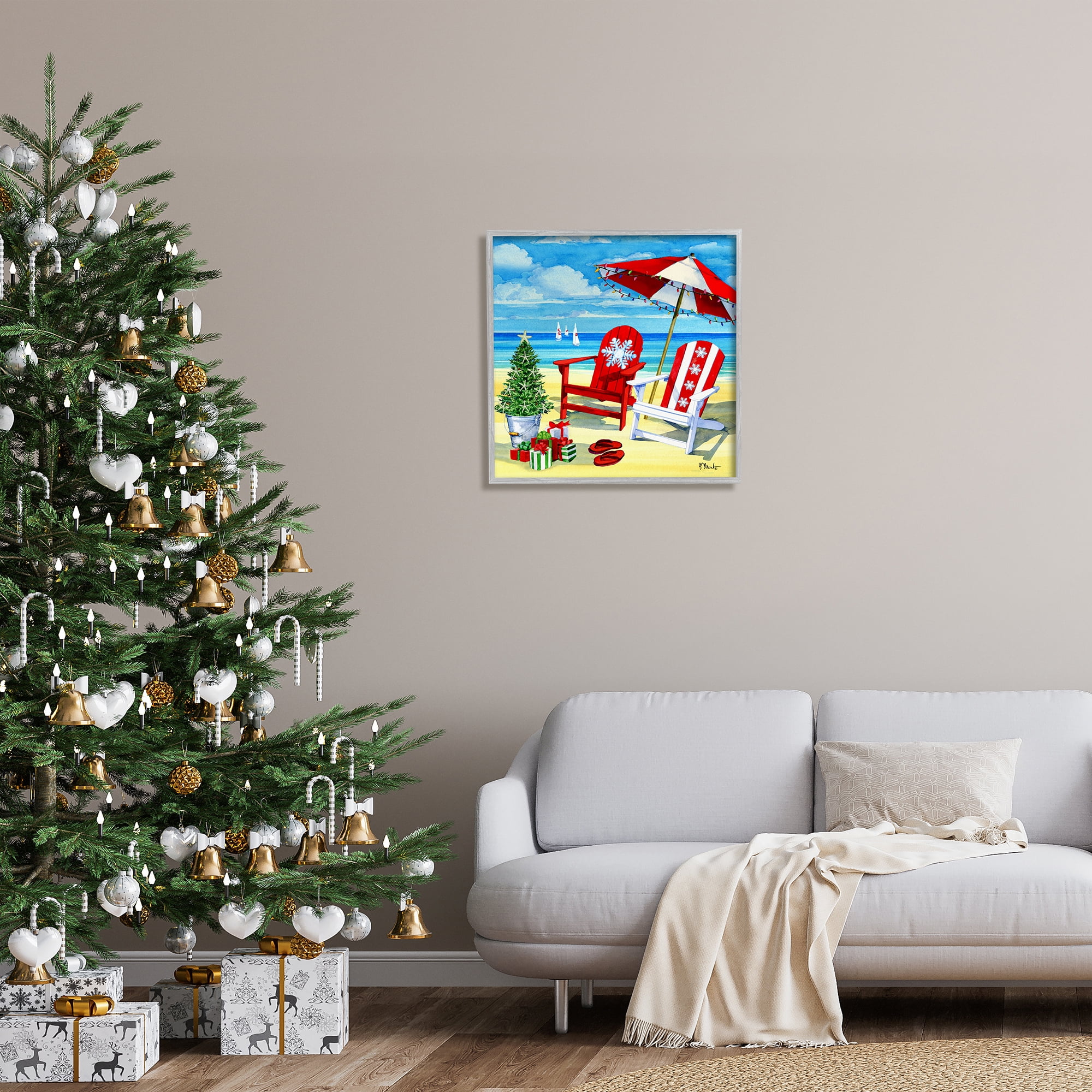 Stupell Industries Coastal Christmas Scene Holiday Painting Gray Framed Art Print Wall Art, 24 x 24
