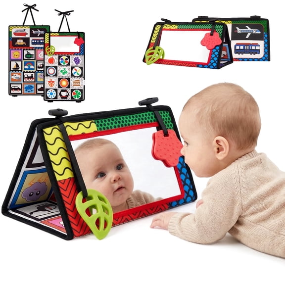 Baby Tummy Time Mirror Toys, Infant Toys Newborn Toys 0-6 Months, Black and White High Contrast Toys with Teethers for Babies 0 3 6 9 Months