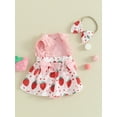 thumbnail image 3 of Suealasg Newborn Baby Girl Outfits Sleeveless Strawberry Print Bow Romper Dress with Headband Set 2Pcs Infant Birthday Photoshoot Dress Summer Clothes, 3 of 9